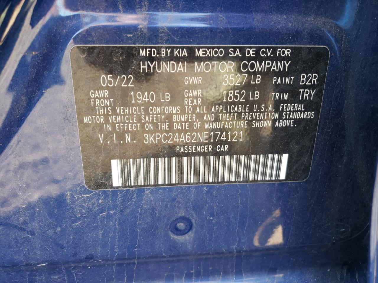 2022 Hyundai Accent Se VIN: 3KPC24A62NE174121 Lot: 70732985