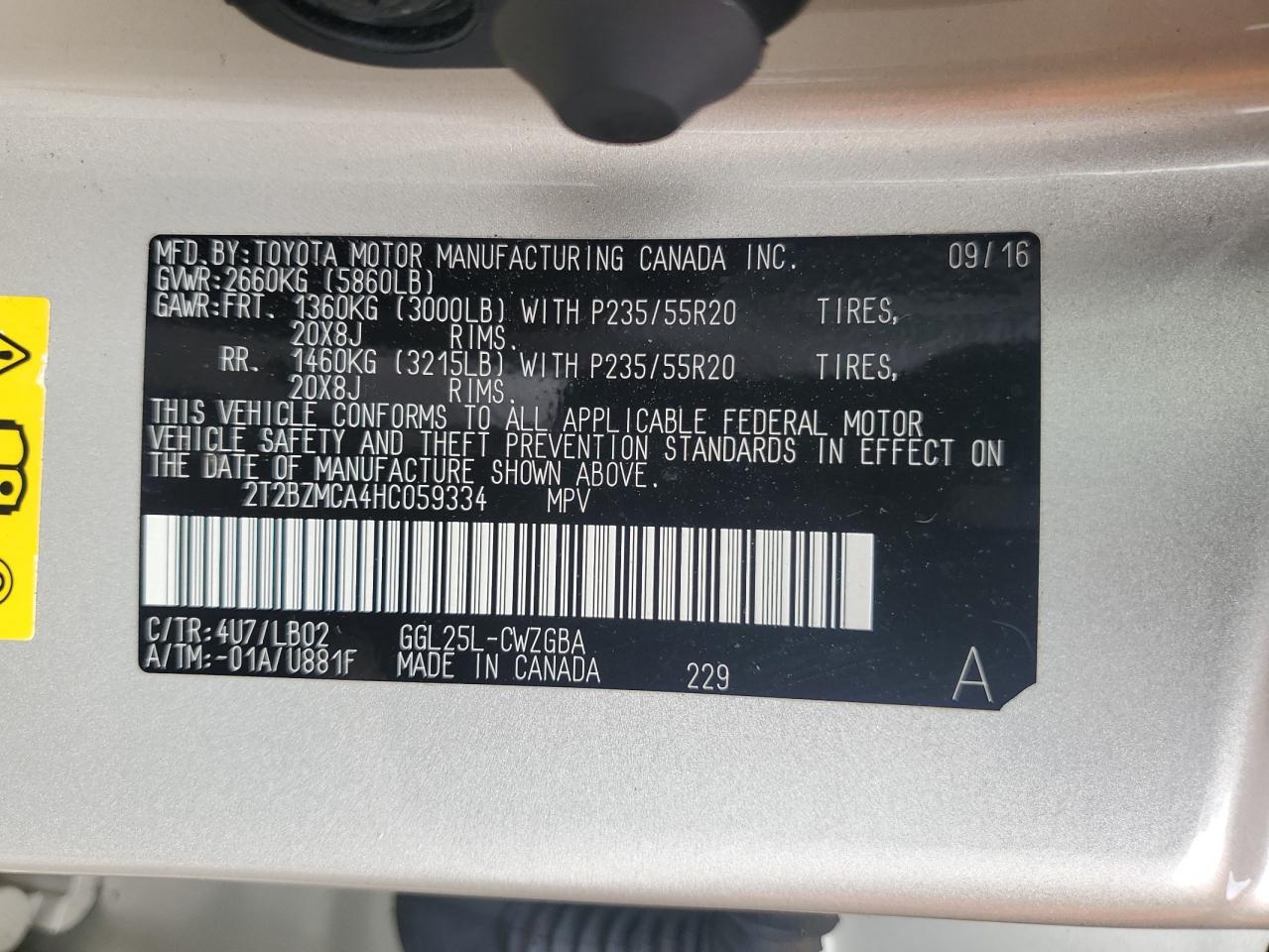 2017 Lexus Rx 350 Base VIN: 2T2BZMCA4HC059334 Lot: 68184175