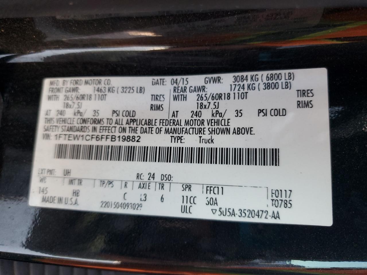 2015 Ford F150 Supercrew VIN: 1FTEW1CF6FFB19882 Lot: 70461655