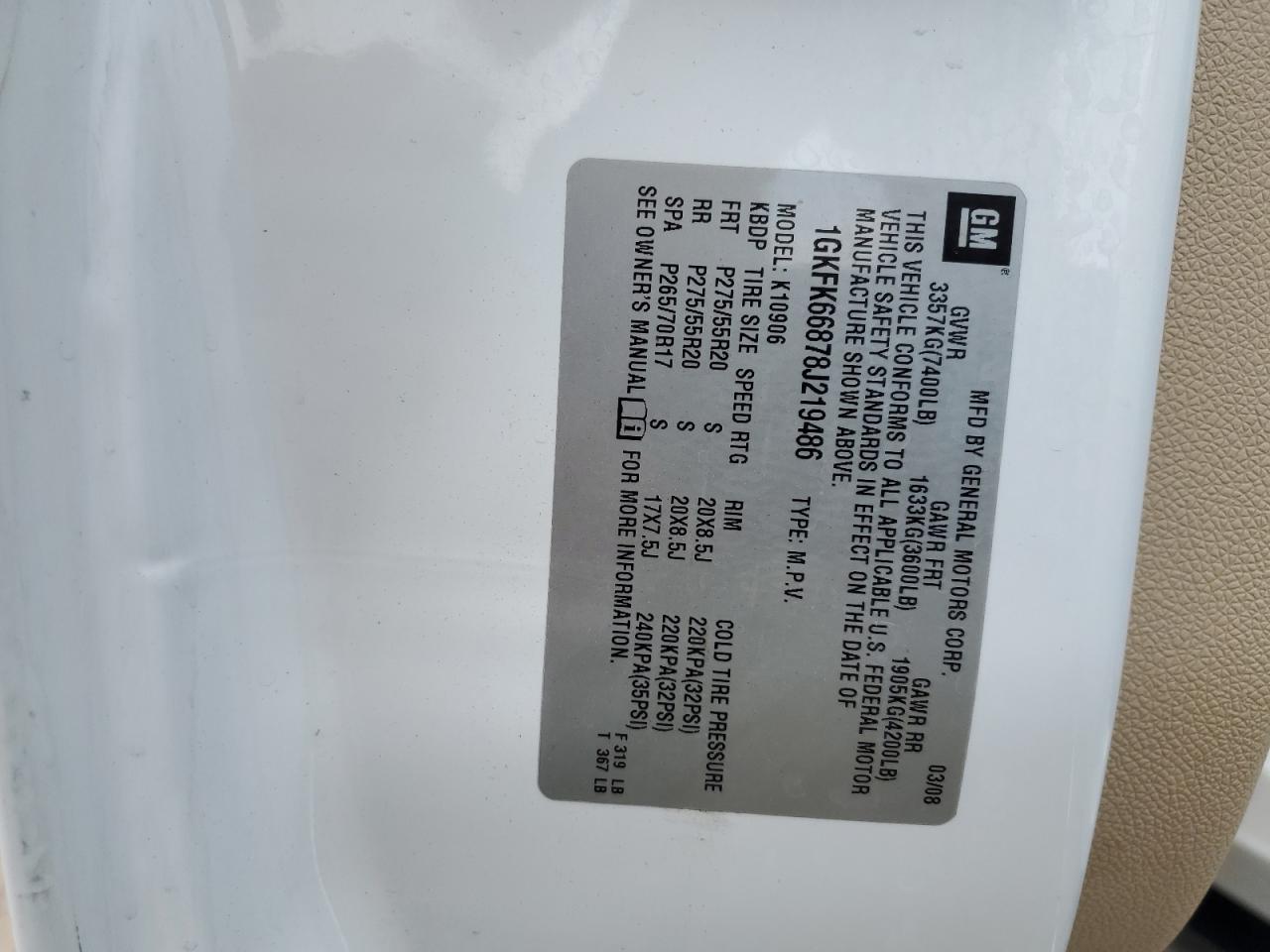 2008 GMC Yukon Xl Denali VIN: 1GKFK66878J219486 Lot: 67413945
