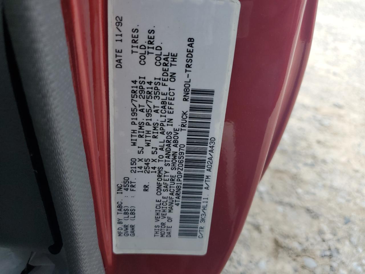 1993 Toyota Pickup 1/2 Ton Short Wheelbase Dx VIN: 4TARN81P0PZ065970 Lot: 70032615