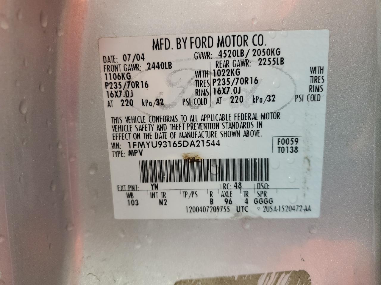 2005 Ford Escape Xlt VIN: 1FMYU93165DA21544 Lot: 65381045