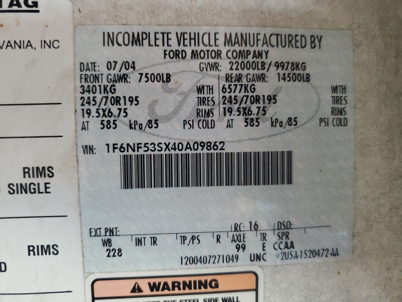 2005 Ford F550 Super Duty Stripped Chassis VIN: 1F6NF53SX40A09862 Lot: 67591465
