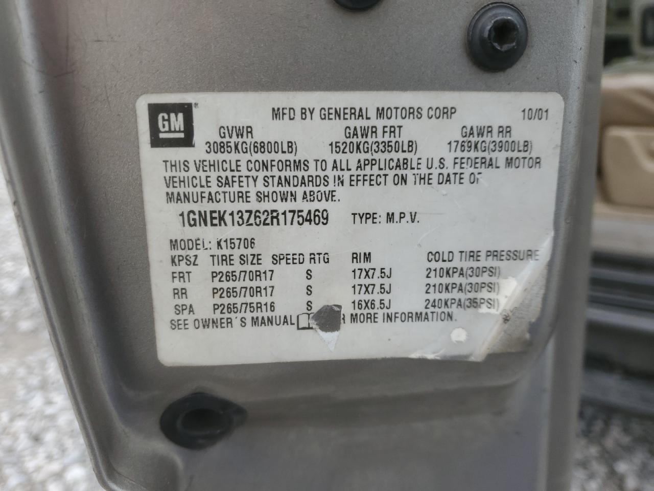 2002 Chevrolet Tahoe K1500 VIN: 1GNEK13Z62R175469 Lot: 68968635