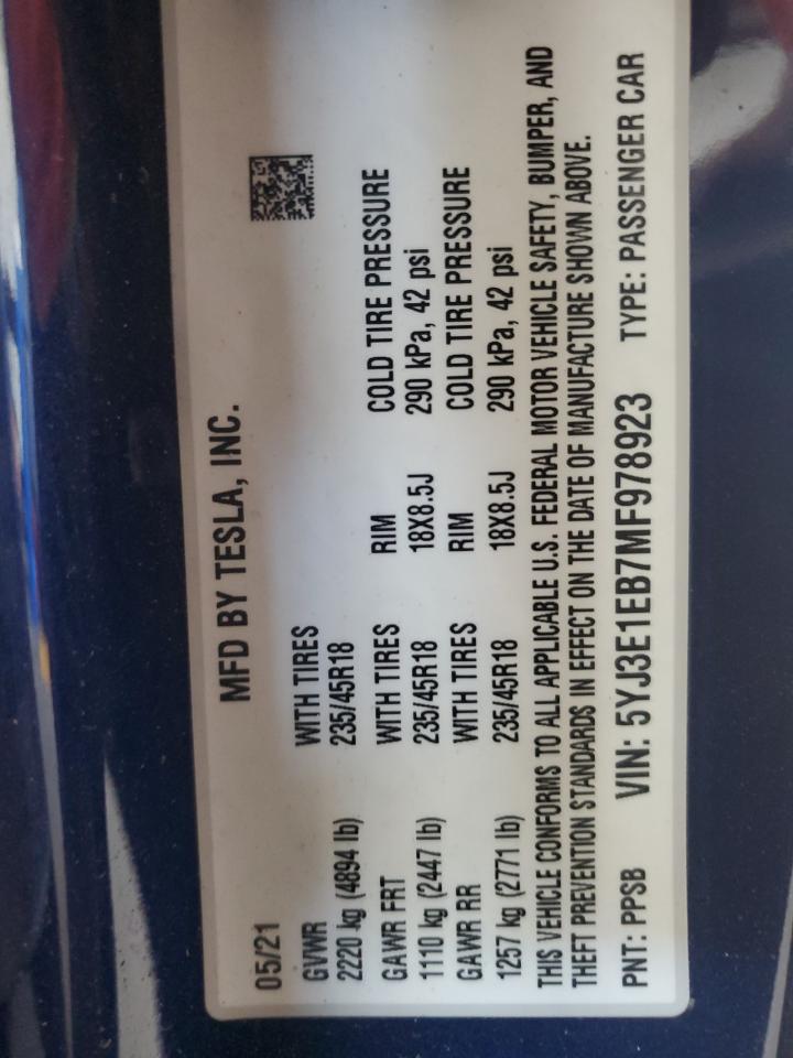 2021 Tesla Model 3 VIN: 5YJ3E1EB7MF978923 Lot: 69285195