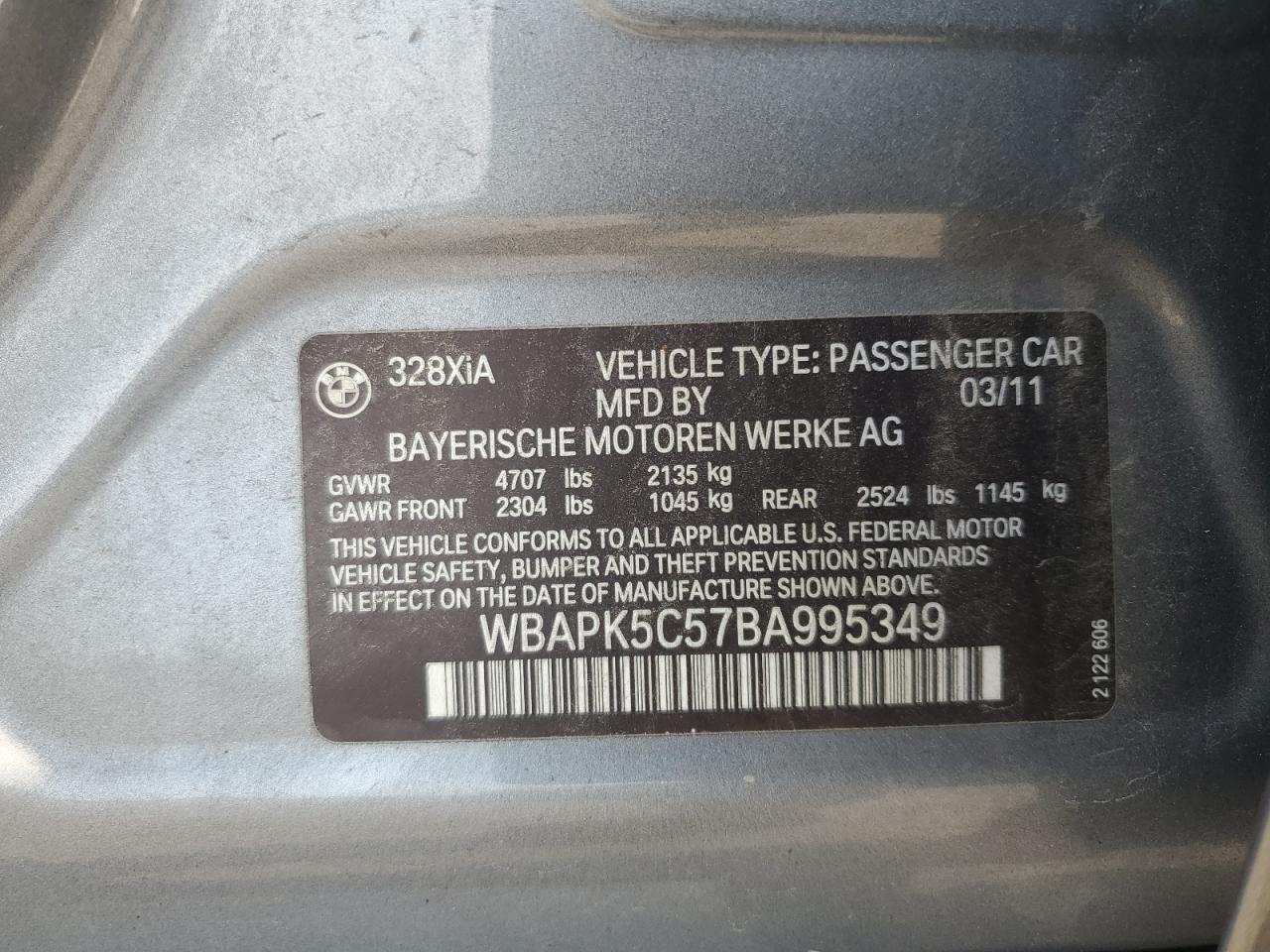 2011 BMW 328 Xi Sulev VIN: WBAPK5C57BA995349 Lot: 66447555
