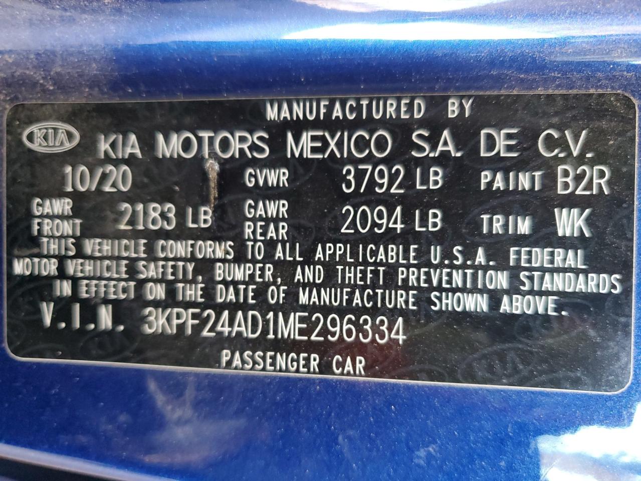 2021 Kia Forte Fe VIN: 3KPF24AD1ME296334 Lot: 68530905