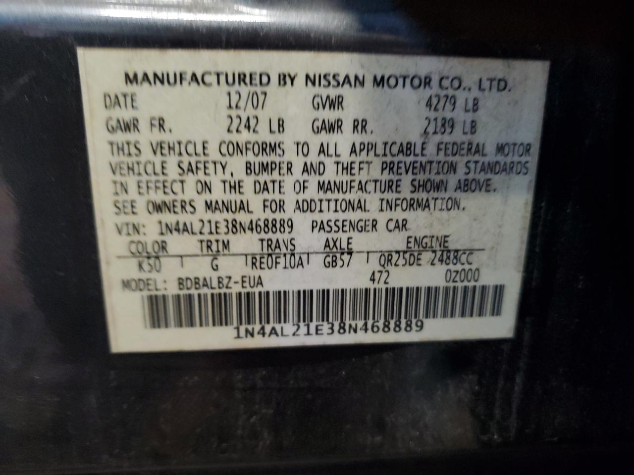 2008 Nissan Altima 2.5 VIN: 1N4AL21E38N468889 Lot: 68700475