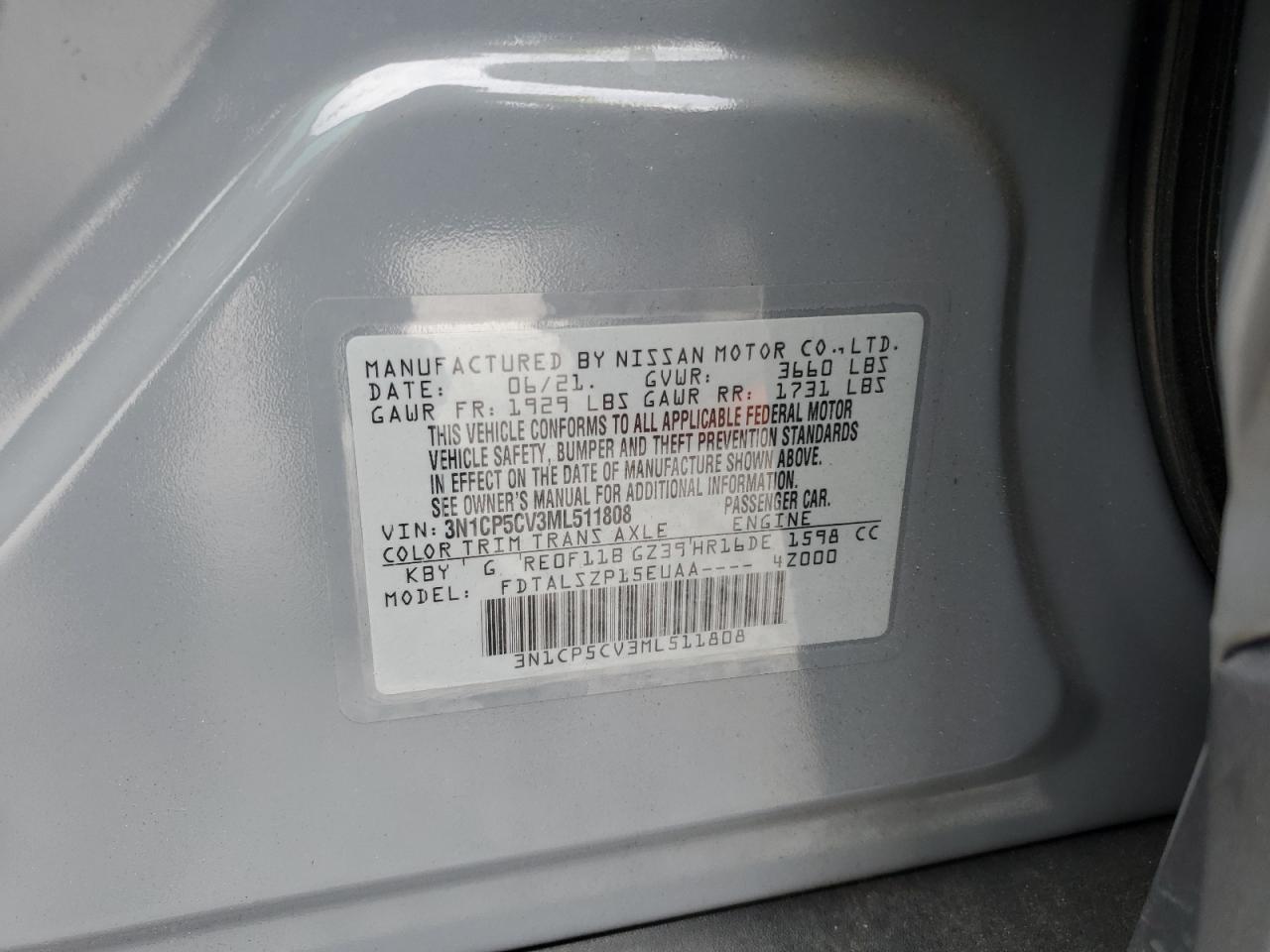 2021 Nissan Kicks Sv VIN: 3N1CP5CV3ML511808 Lot: 68973055