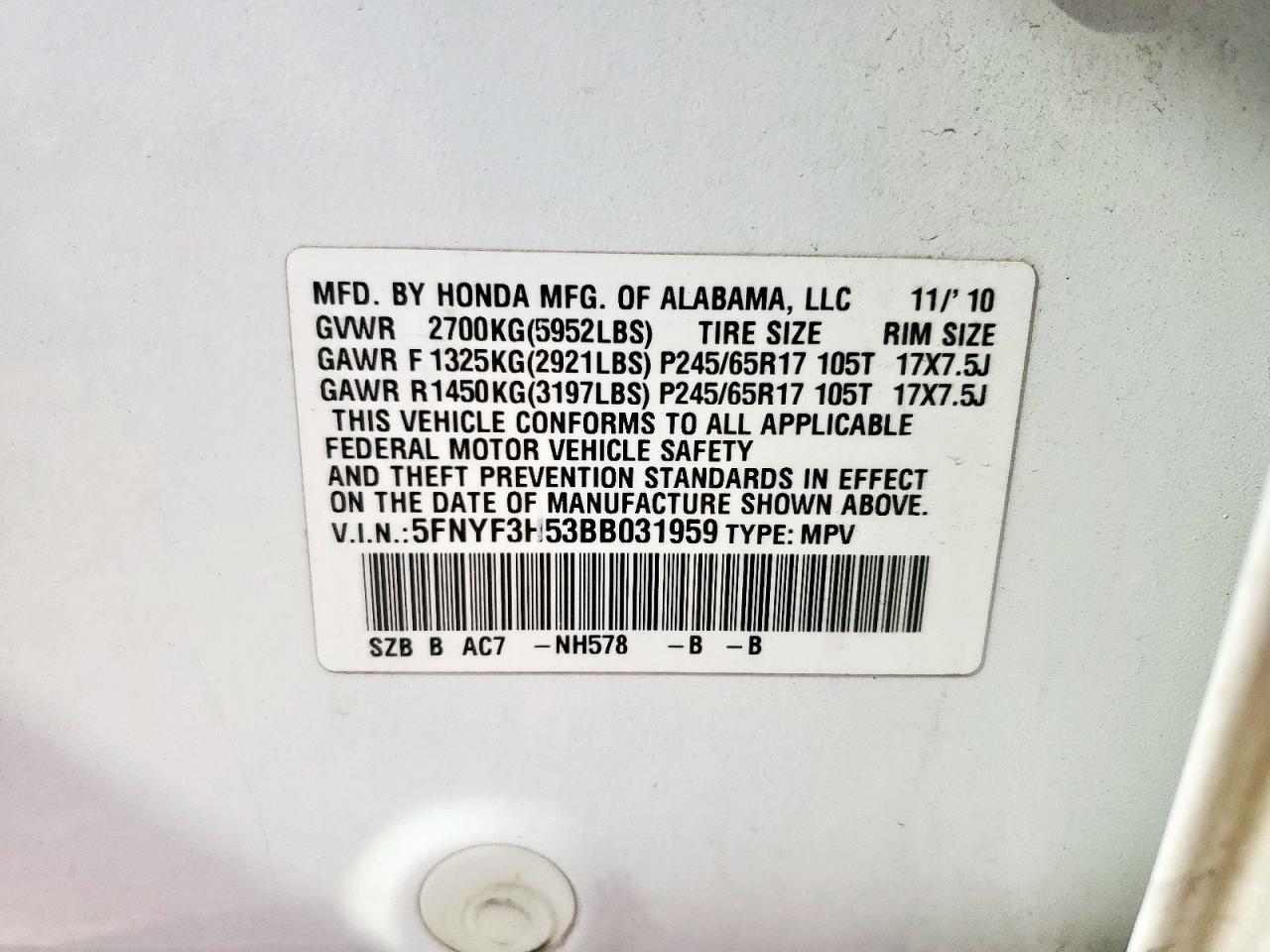 2011 Honda Pilot Exl VIN: 5FNYF3H53BB031959 Lot: 66347905