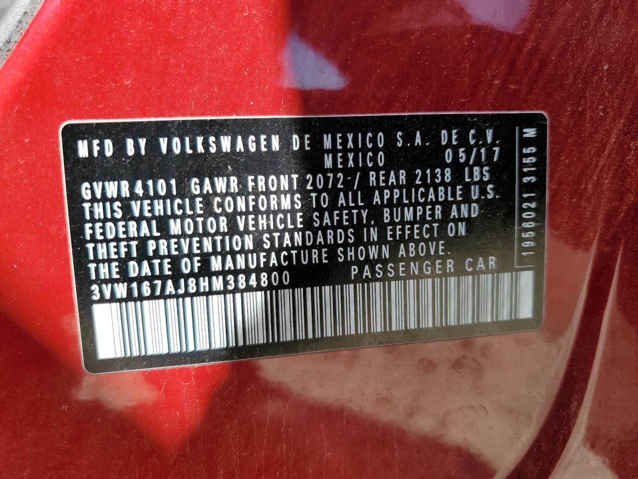 2017 Volkswagen Jetta S VIN: 3VW167AJ8HM384800 Lot: 69781455