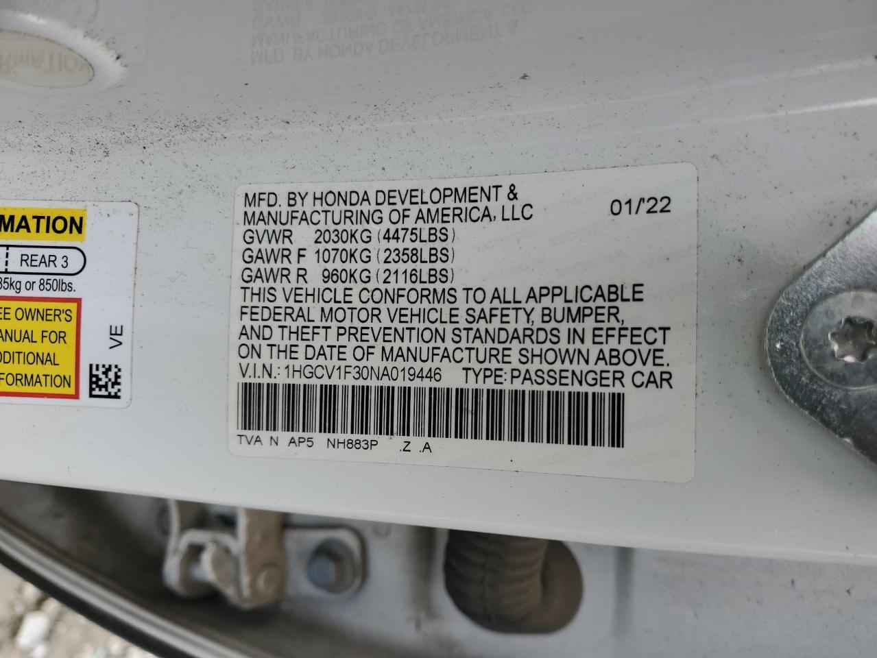 2022 Honda Accord Sport VIN: 1HGCV1F30NA019446 Lot: 70805015