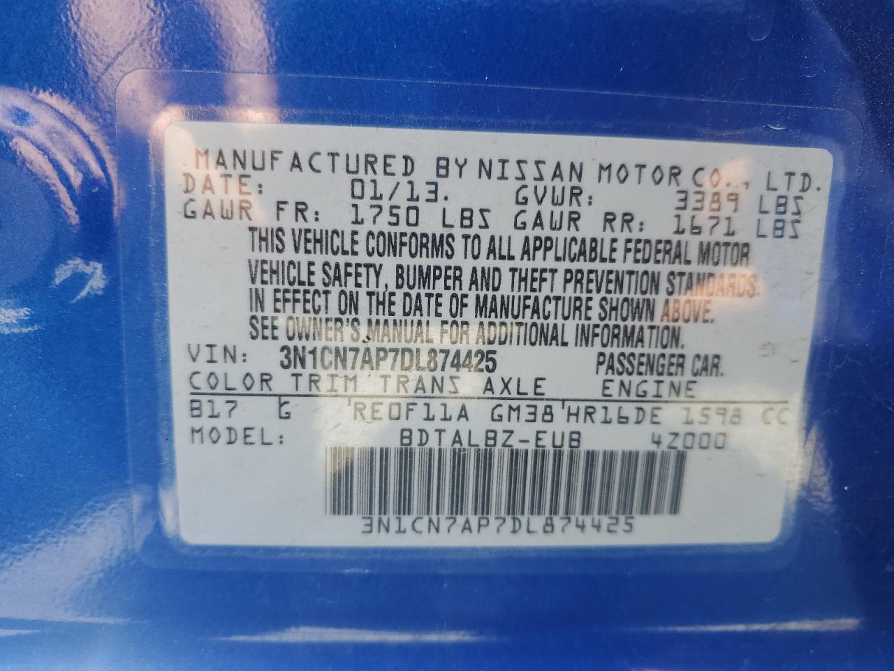 2013 Nissan Versa S VIN: 3N1CN7AP7DL874425 Lot: 70225155
