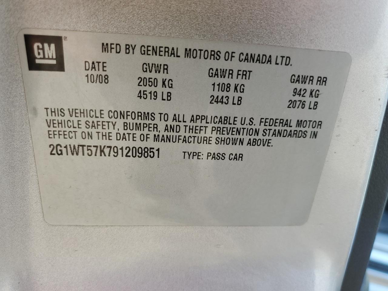 2009 Chevrolet Impala 1Lt VIN: 2G1WT57K791209851 Lot: 68669275