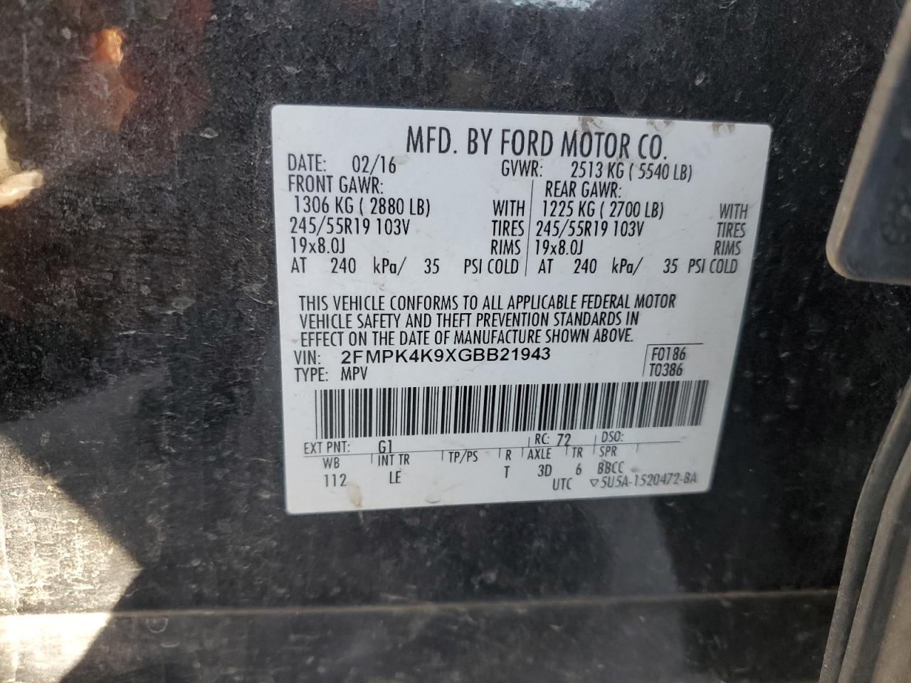 2016 Ford Edge Titanium VIN: 2FMPK4K9XGBB21943 Lot: 67771115