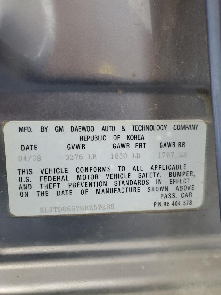 2008 Chevrolet Aveo Base VIN: KL1TD66678B257289 Lot: 68196485