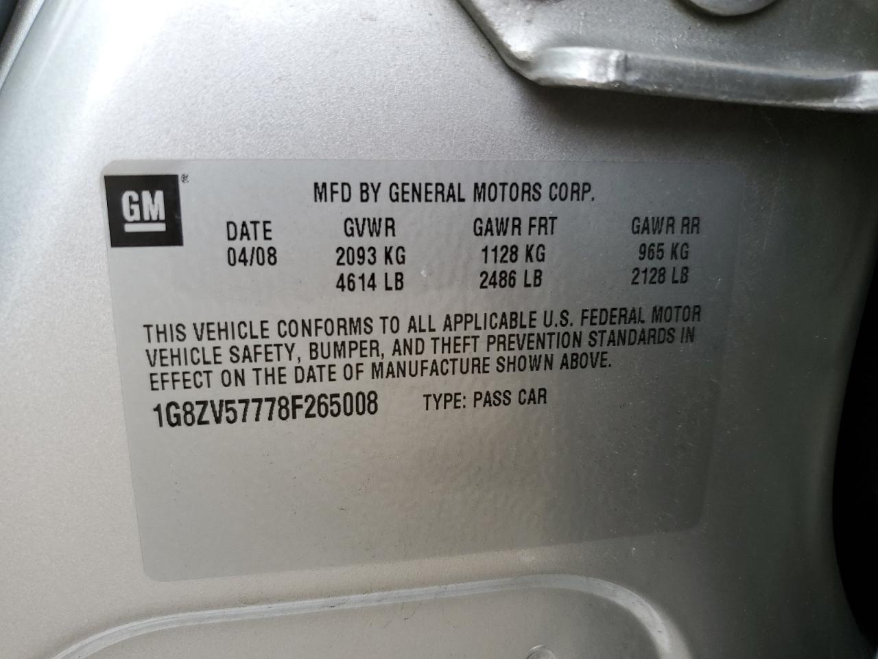 2008 Saturn Aura Xr VIN: 1G8ZV57778F265008 Lot: 69998255