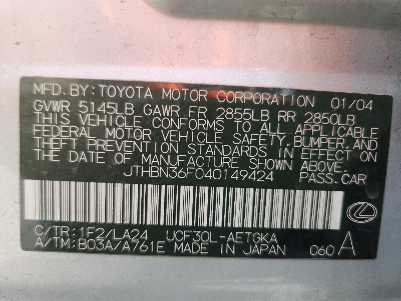 2004 Lexus Ls 430 VIN: JTHBN36F040149424 Lot: 69466795