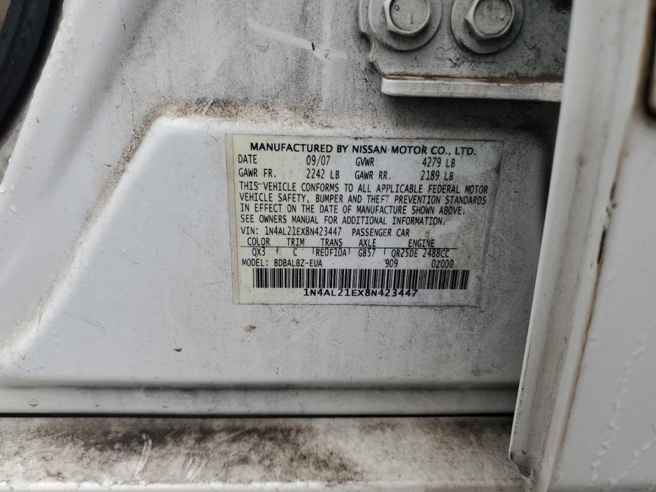 2008 Nissan Altima 2.5 VIN: 1N4AL21EX8N423447 Lot: 68210185