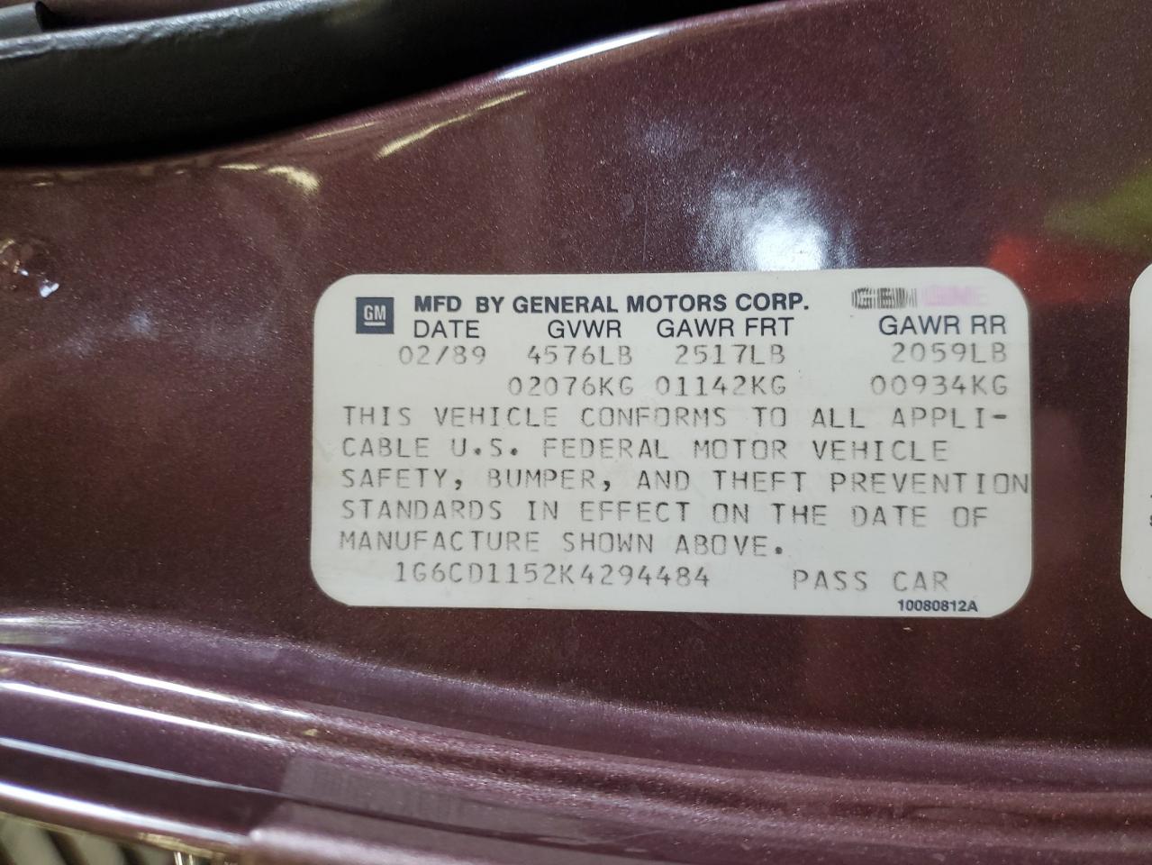 1989 Cadillac Deville VIN: 1G6CD1152K4294484 Lot: 68667225