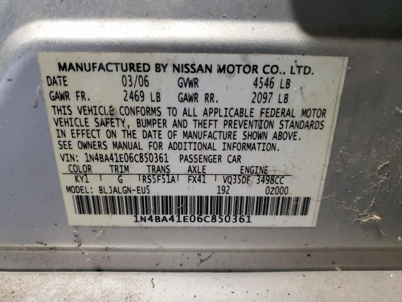 2006 Nissan Maxima Se VIN: 1N4BA41E06C850361 Lot: 69840895