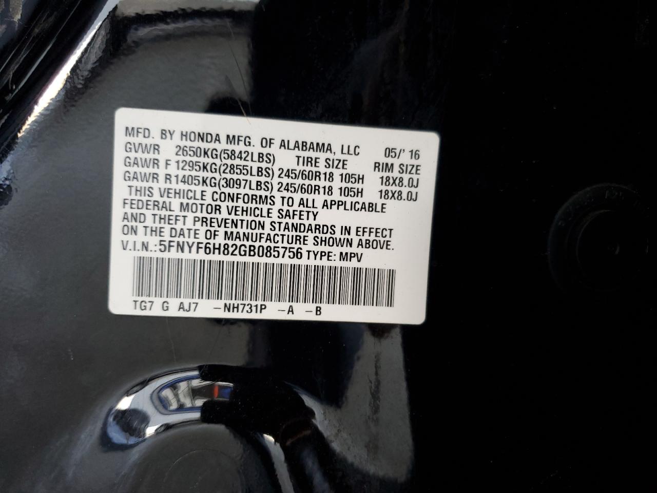 2016 Honda Pilot Exl VIN: 5FNYF6H82GB085756 Lot: 70487335