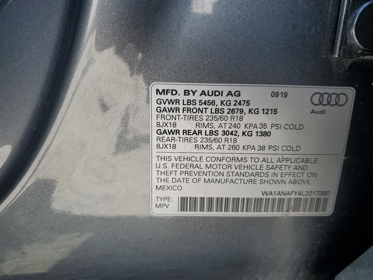 2020 Audi Q5 Premium VIN: WA1ANAFY4L2017380 Lot: 69035955