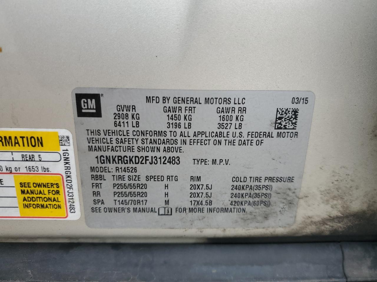 2015 Chevrolet Traverse Lt VIN: 1GNKRGKD2FJ312483 Lot: 69219705