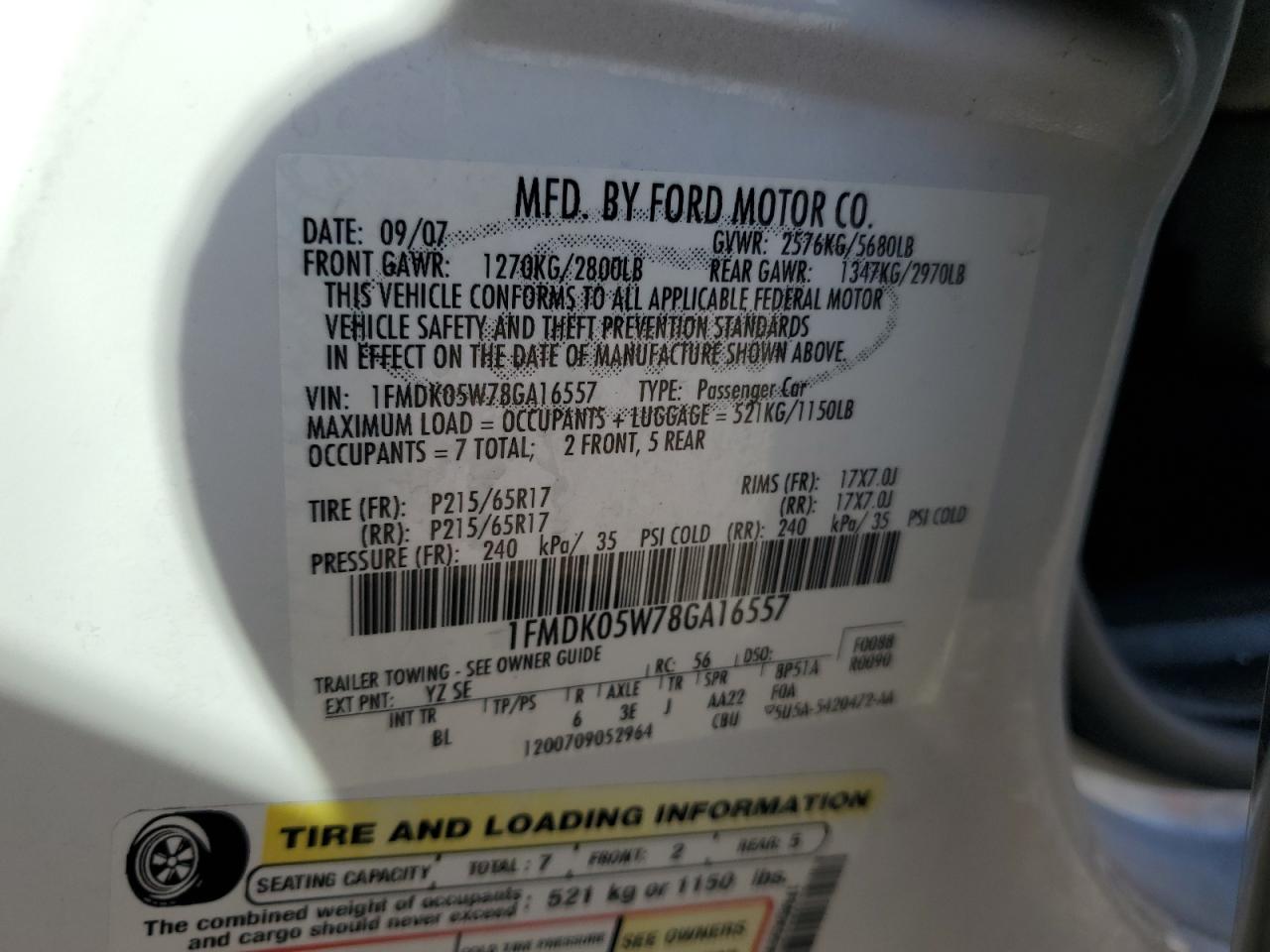 2008 Ford Taurus X Sel VIN: 1FMDK05W78GA16557 Lot: 69830155