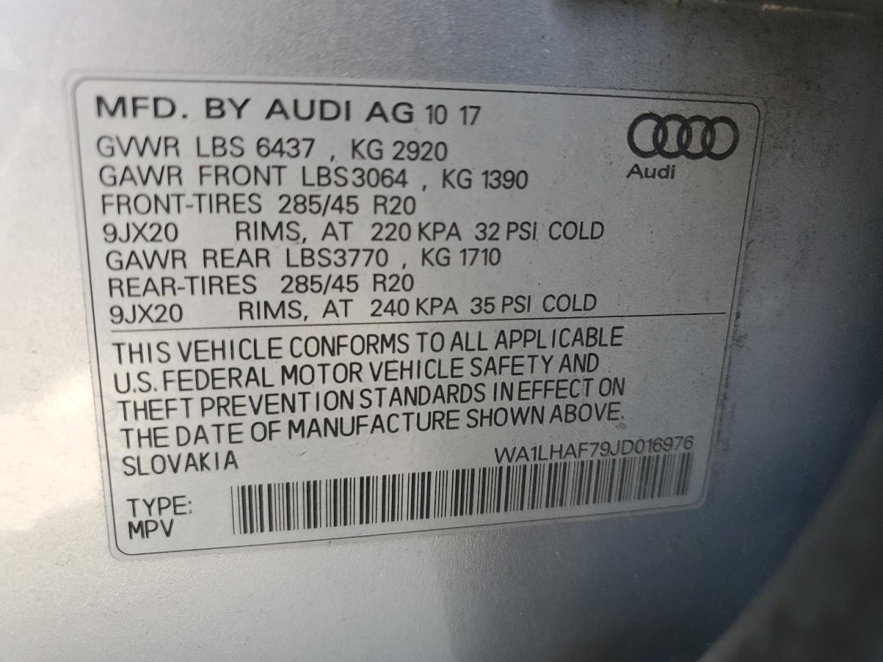 2018 Audi Q7 Premium Plus VIN: WA1LHAF79JD016976 Lot: 68001735