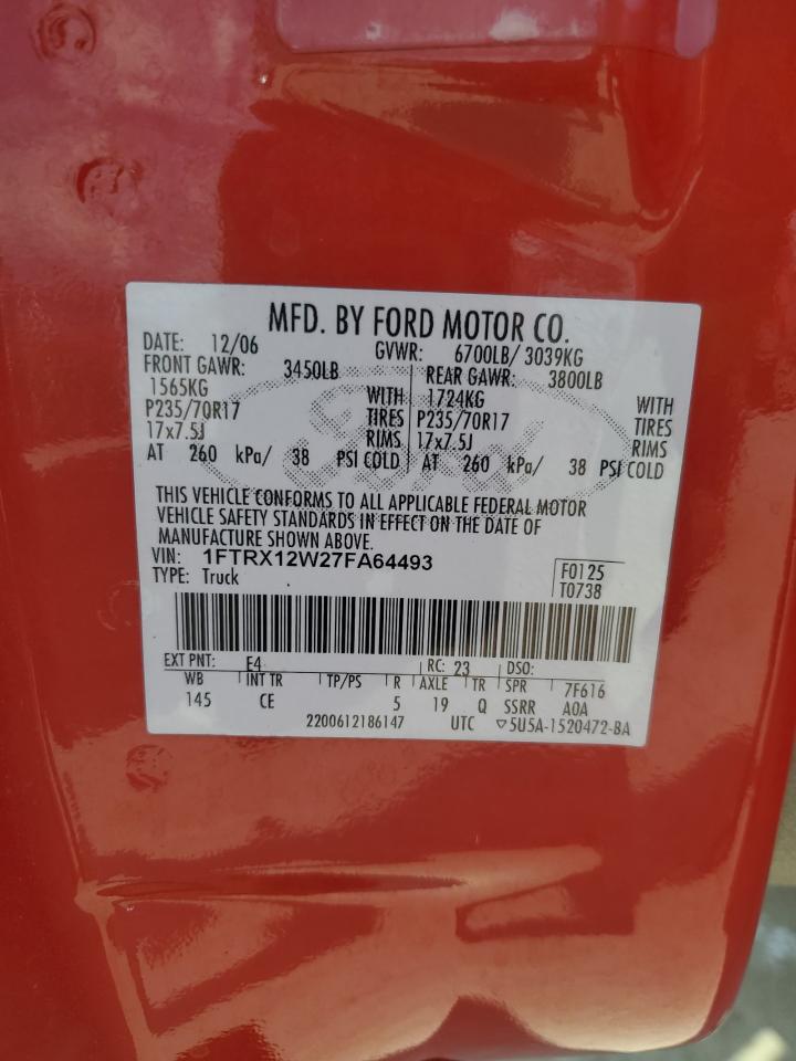 2007 Ford F150 VIN: 1FTRX12W27FA64493 Lot: 68034855