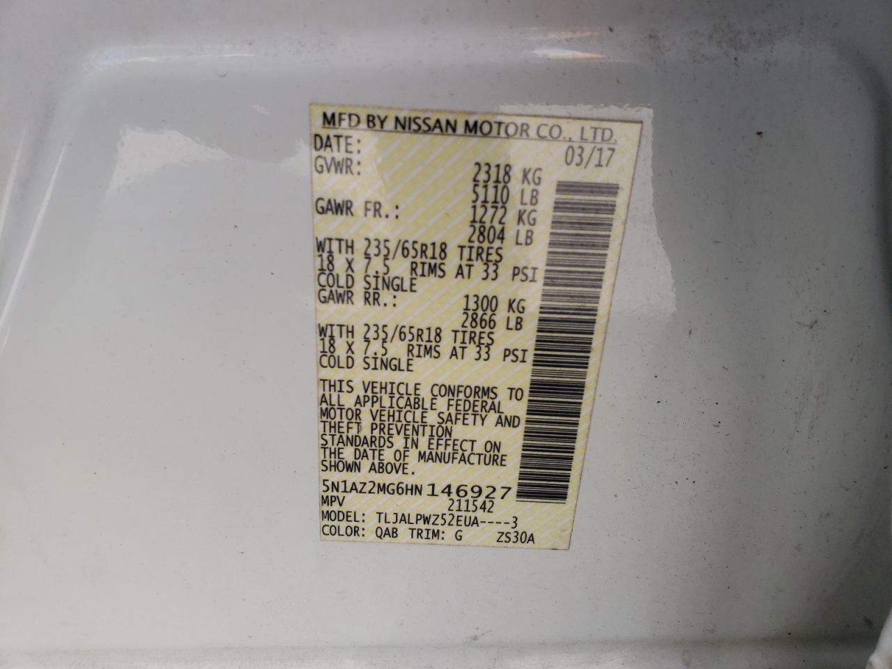 2017 Nissan Murano S VIN: 5N1AZ2MG6HN146927 Lot: 68588765