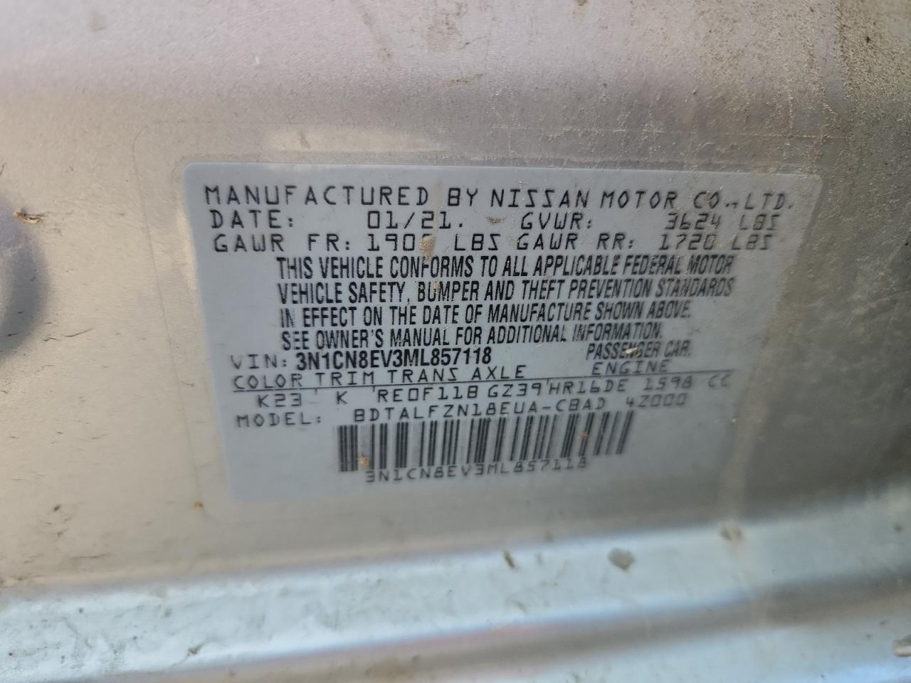 2021 Nissan Versa Sv VIN: 3N1CN8EV3ML857118 Lot: 67585945