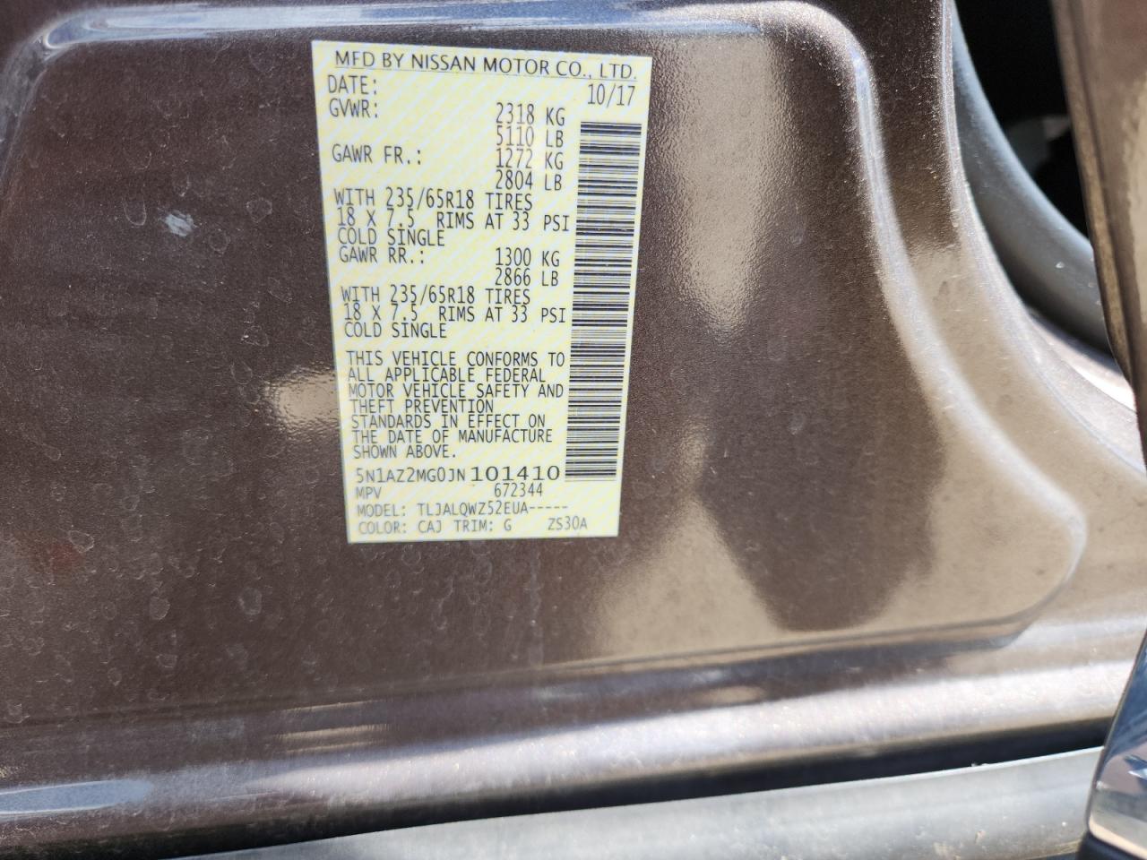 2018 Nissan Murano S VIN: 5N1AZ2MG0JN101410 Lot: 83786415