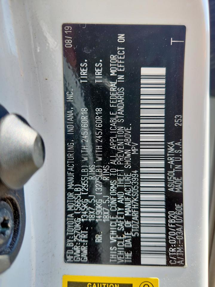 2019 Toyota Highlander Le VIN: 5TDZARFH7KS053994 Lot: 69196865