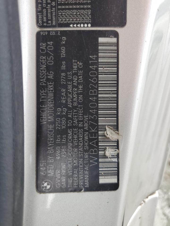 2004 BMW 645 Ci Automatic VIN: WBAEK73404B260414 Lot: 68770245