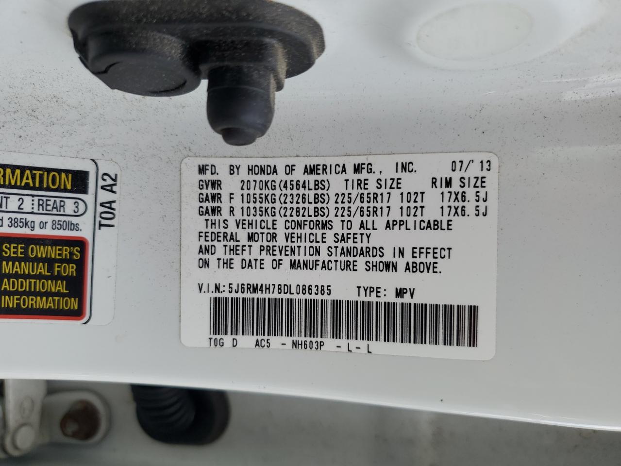 2013 Honda Cr-V Exl VIN: 5J6RM4H78DL086385 Lot: 70508665