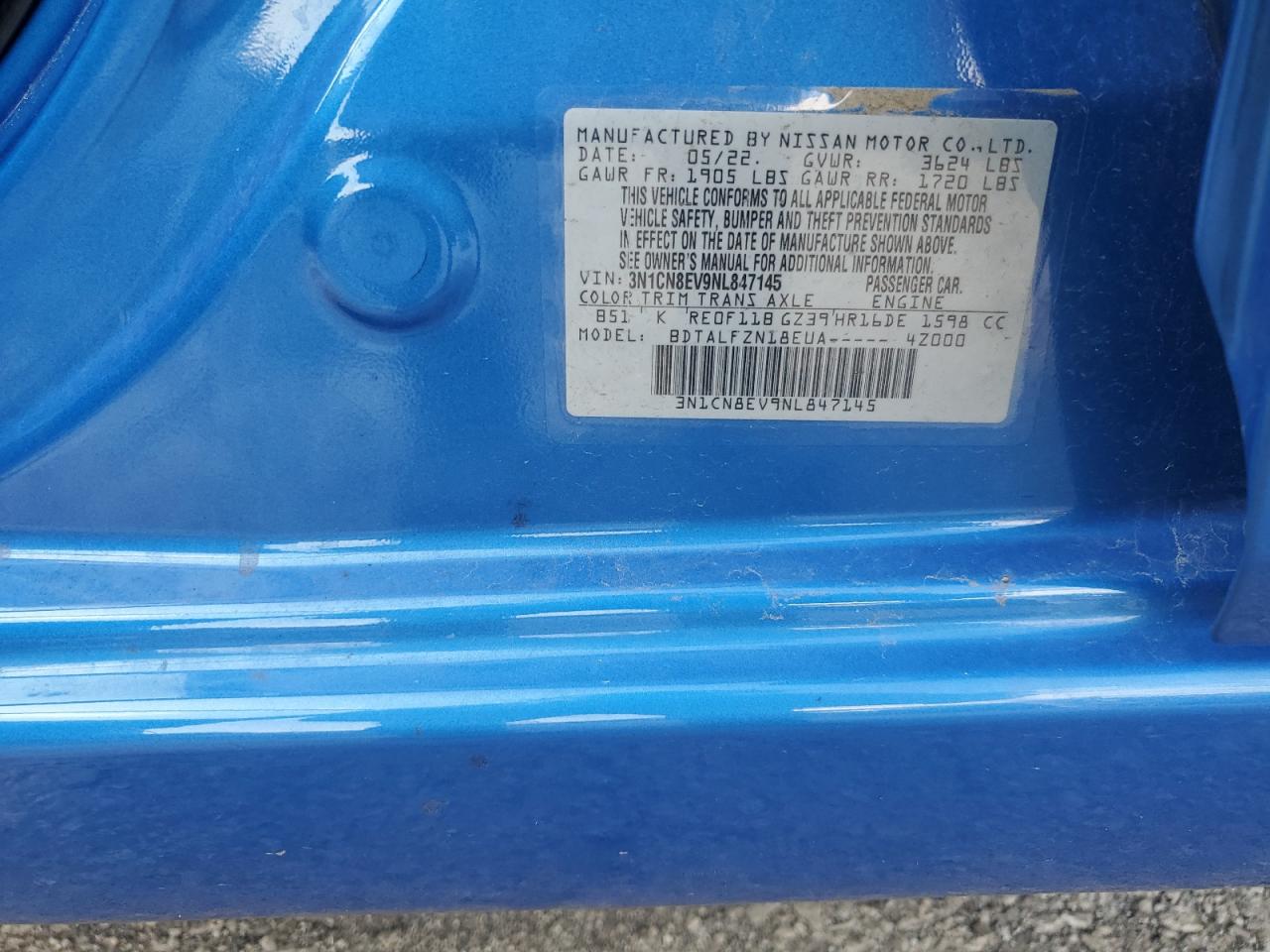 2022 Nissan Versa Sv VIN: 3N1CN8EV9NL847145 Lot: 70000495