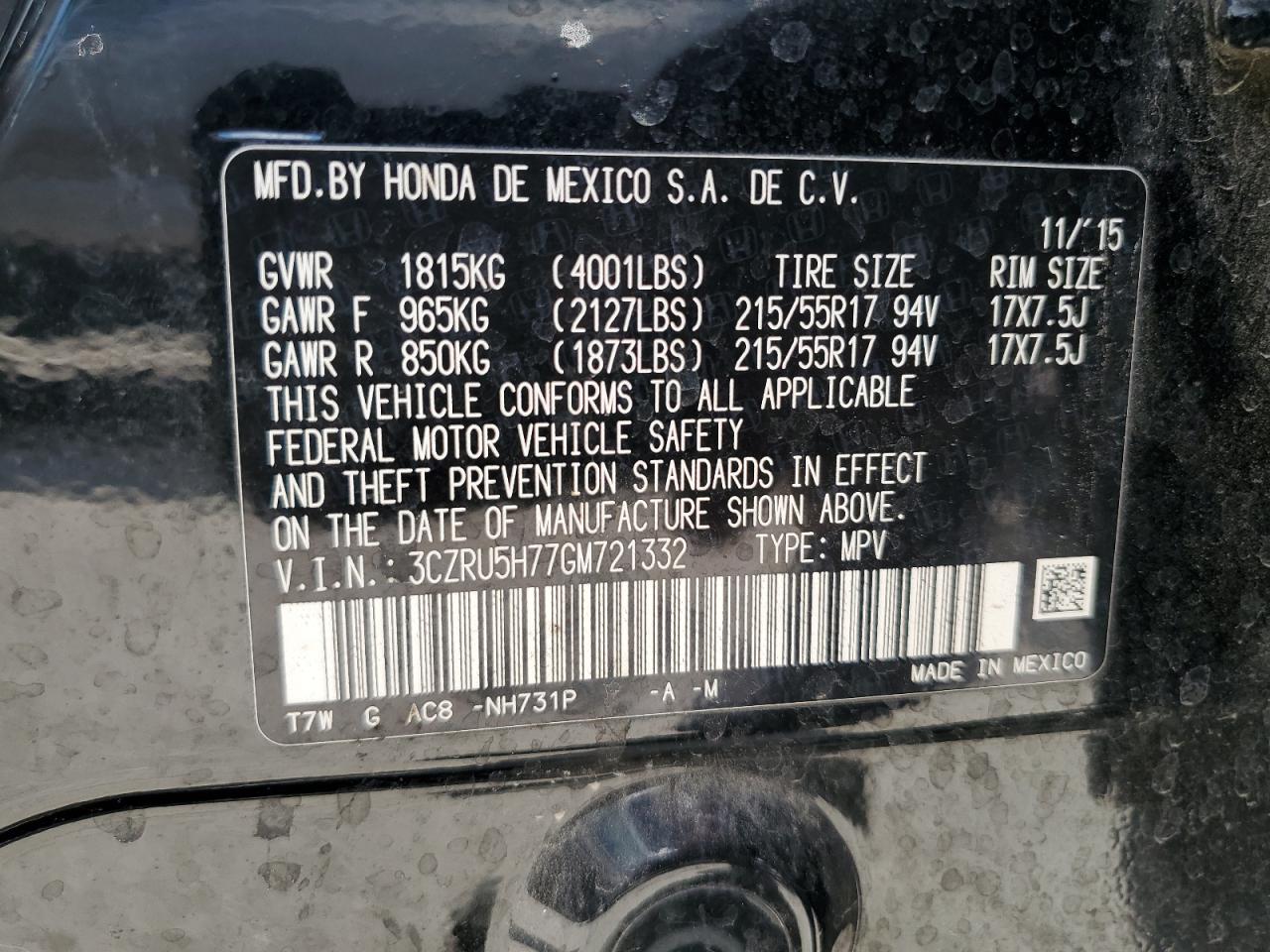 2016 Honda Hr-V Exl VIN: 3CZRU5H77GM721332 Lot: 69821065