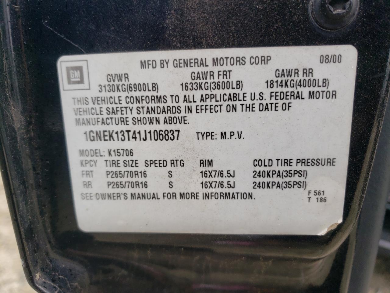 2001 Chevrolet Tahoe K1500 VIN: 1GNEK13T41J106837 Lot: 69427055