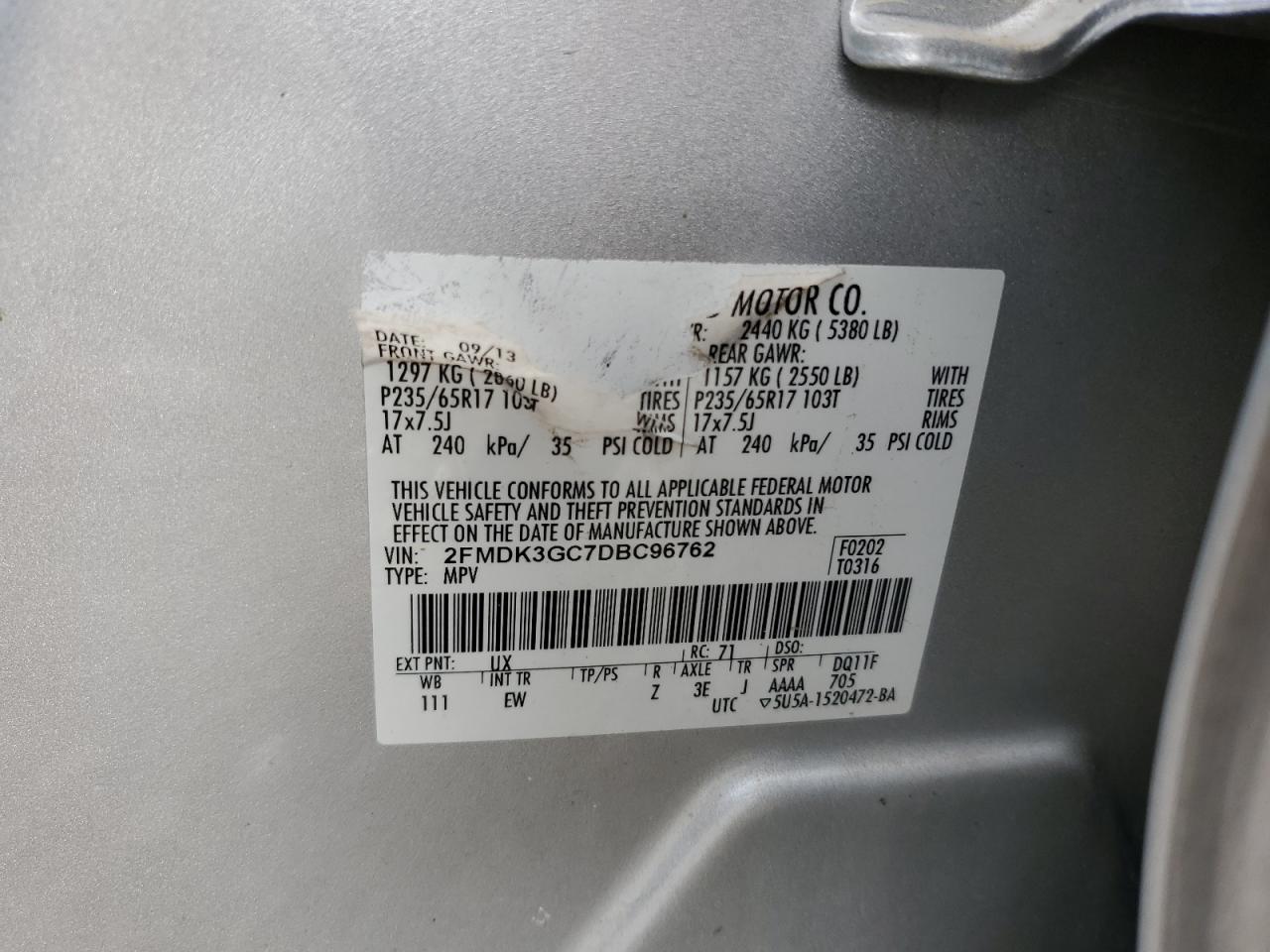 2013 Ford Edge Se VIN: 2FMDK3GC7DBC96762 Lot: 67387005