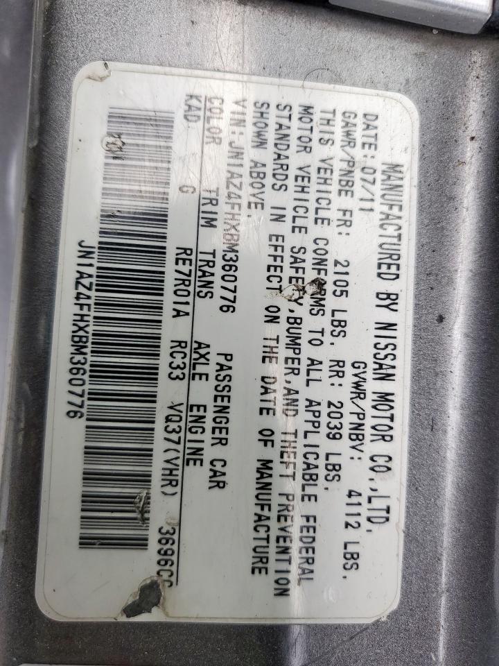 2011 Nissan 370Z Base VIN: JN1AZ4FHXBM360776 Lot: 69735265