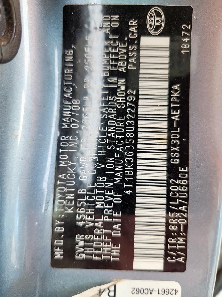 2008 Toyota Avalon Xl VIN: 4T1BK36B58U322792 Lot: 70466065