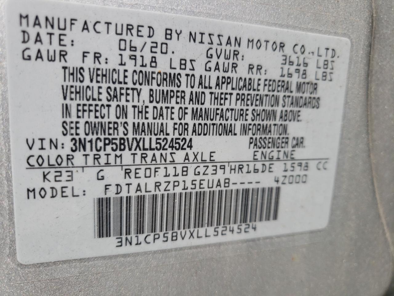 2020 Nissan Kicks S VIN: 3N1CP5BVXLL524524 Lot: 70250695