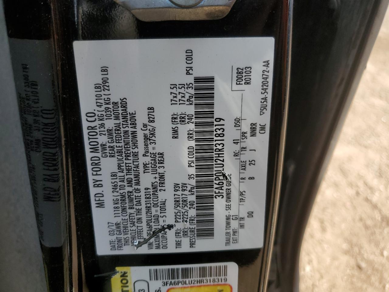 2017 Ford Fusion Se Hybrid VIN: 3FA6P0LU2HR318319 Lot: 67522005