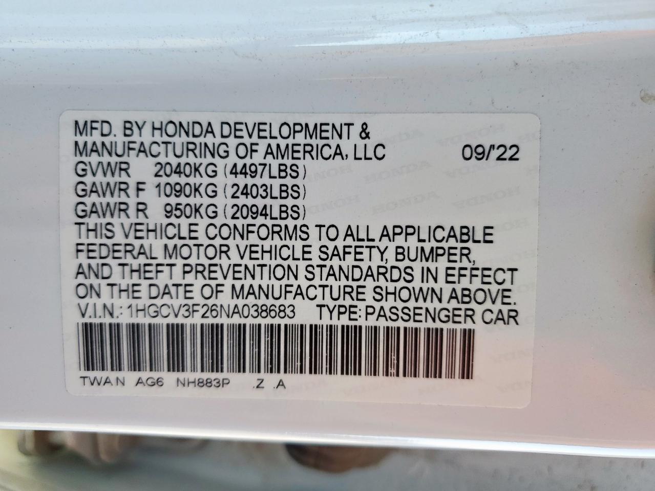 2022 Honda Accord Hybrid Sport VIN: 1HGCV3F26NA038683 Lot: 69580935
