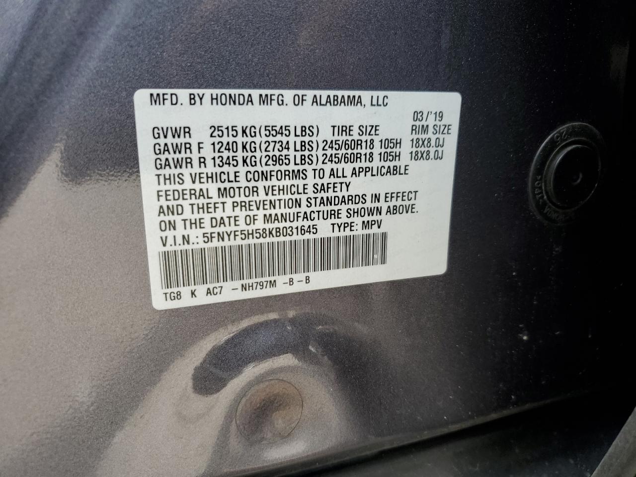2019 Honda Pilot Exl VIN: 5FNYF5H58KB031645 Lot: 69818455