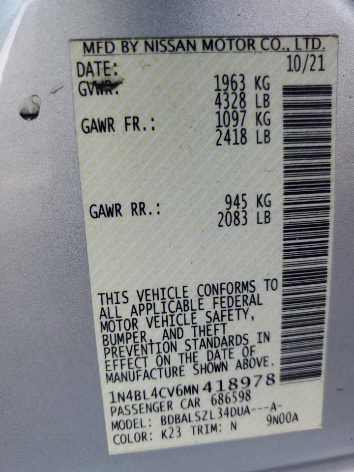 2021 Nissan Altima Sr VIN: 1N4BL4CV6MN418978 Lot: 68459925