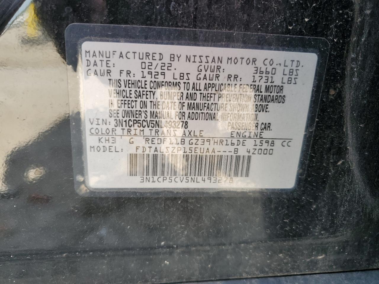 3N1CP5CV5NL493278 2022 Nissan Kicks Sv