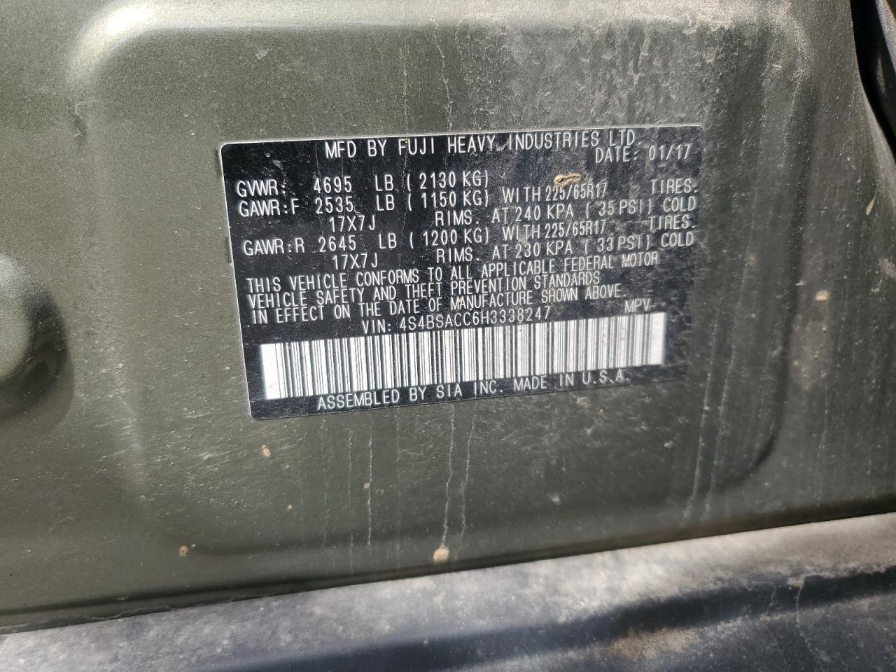 2017 Subaru Outback 2.5I Premium VIN: 4S4BSACC6H3338247 Lot: 70543605